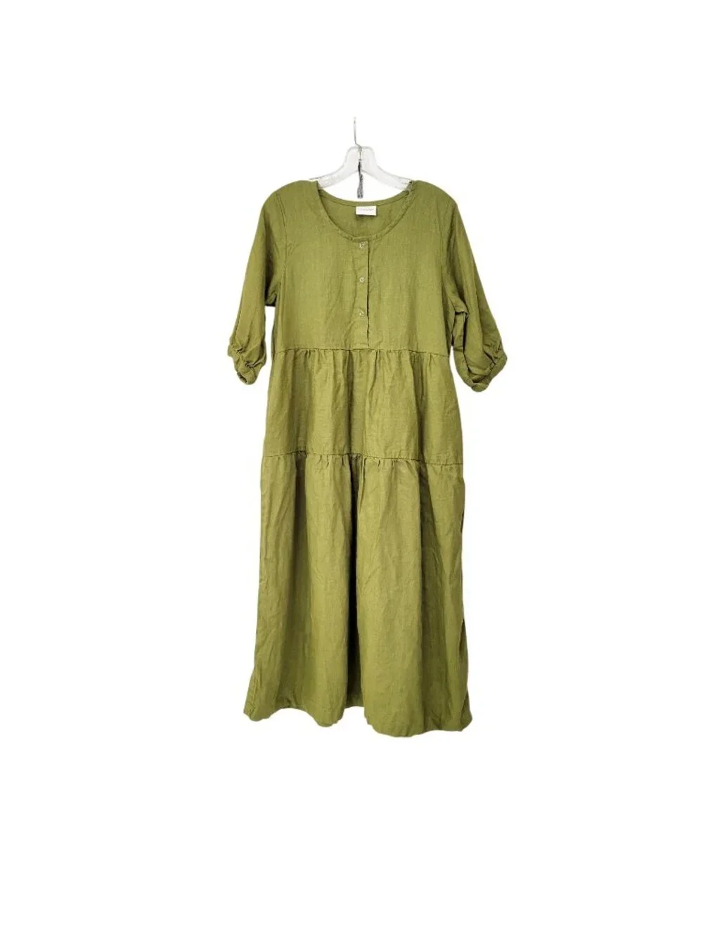 Conscious Clothing Olive Green Tiered Linen Midi Dress With 3/4 Sleeves Sustaina - Picture 1 of 7